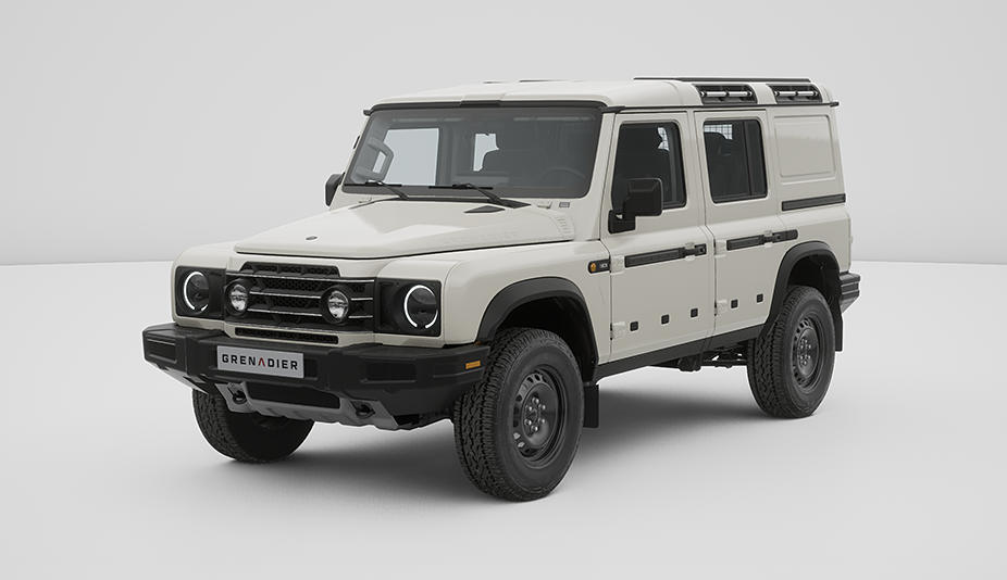 Biały Ineos Grenadier Utility Wagon 5 osobowy - terenowy SUV o masywnej sylwetce i surowym wyglądzie. Solidny, gotowy na przygody.